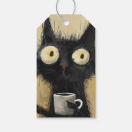 グランジブラウンの背景にコーヒーを持ったイライラした黒猫 ギフトタグ