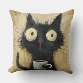 グランジブラウンの背景にコーヒーを持ったイライラした黒猫 クッション