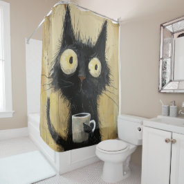 グランジブラウンの背景にコーヒーを持ったイライラした黒猫 シャワーカーテン