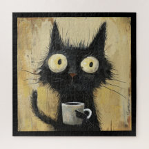 グランジブラウンの背景にコーヒーを持ったイライラした黒猫