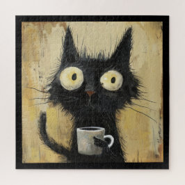 グランジブラウンの背景にコーヒーを持ったイライラした黒猫 ジグソーパズル