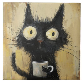 グランジブラウンの背景にコーヒーを持ったイライラした黒猫 タイル