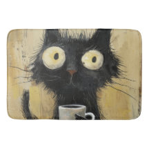 グランジブラウンの背景にコーヒーを持ったイライラした黒猫