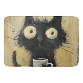 グランジブラウンの背景にコーヒーを持ったイライラした黒猫 バスマット