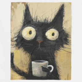 グランジブラウンの背景にコーヒーを持ったイライラした黒猫 フリースブランケット