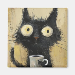 グランジブラウンの背景にコーヒーを持ったイライラした黒猫 マグネット