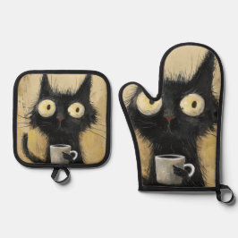 グランジブラウンの背景にコーヒーを持ったイライラした黒猫 鍋つかみ&鍋敷きセット