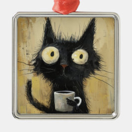 グランジブラウンの背景にコーヒーを持つ疲れた黒猫 メタルオーナメント