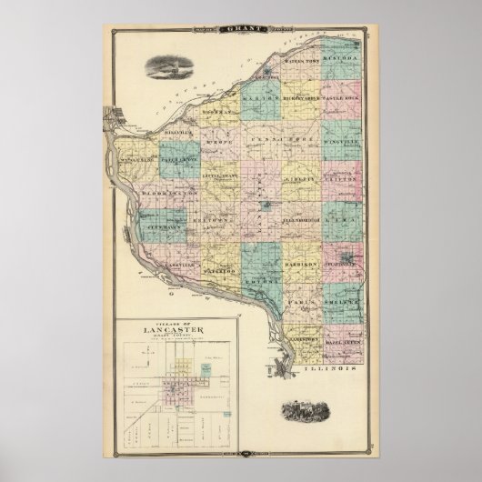 グラント県とランカスター村の地図 ポスター (正面)