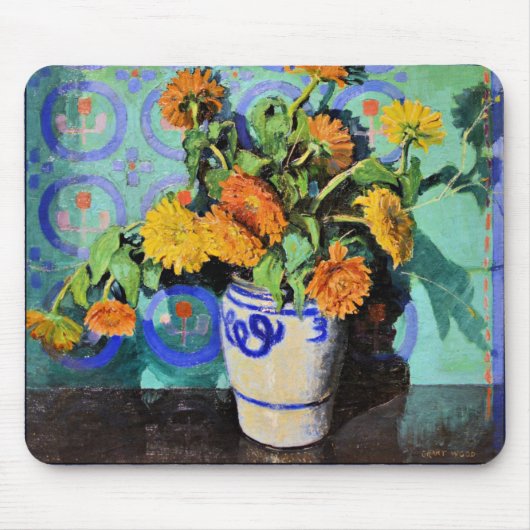 グラント・ウッドによるカレンデュラの花の絵画 マウスパッド (正面)