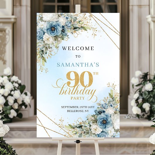 グランドウォーターカラーのダスティブルーゴールド90歳の誕生日  ポスター