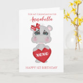 グランドオシャレ最初の誕生日かわいい赤いヒッポ写真 カード (黄色い花)