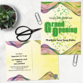 グランドオープニンググリーンイエローウォーターカラーウェーブスターズ ポストカード