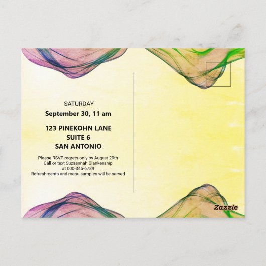 グランドオープニンググリーンイエローウォーターカラーウェーブスターズ ポストカード (裏面)