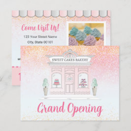 グランドオープニングベーカリーカフェピンクグリッター 案内ポストカード