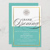 グランドオープニングモダンビジネスロゴミントグリーン金ゴールド 招待状 (正面/裏面)