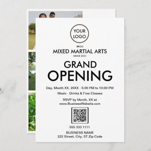 グランドオープニングモダンホワイトビジネスロゴQRコード 招待状 (正面/裏面)