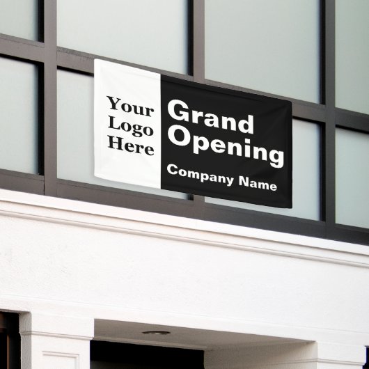 グランドオープニング白黒ビジネスロゴ&名前 横断幕 (ビルの外側)