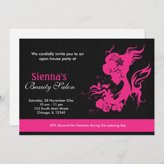 グランドオープニング美しいサロン(深いピンク) 招待状 (正面/裏面)