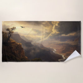 グランドキャニオンの輝き：鳥と黄金の輝き ビーチタオル