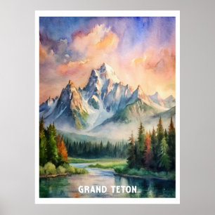 グランドテトンナショナルパークウォーターカラー絵画ズ ポスター