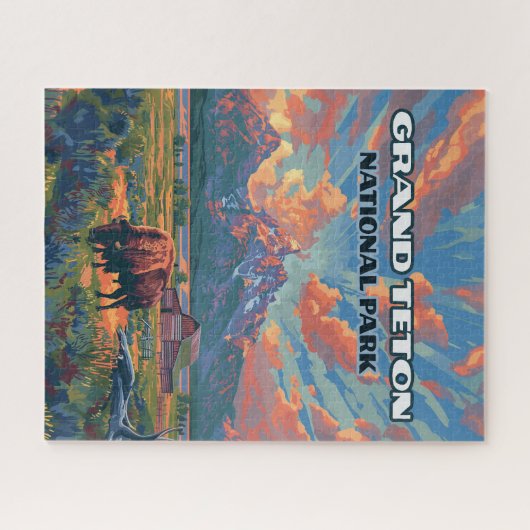 グランドテトンナショナルパークマウンテンズバイソンワイオミング ジグソーパズル (横)