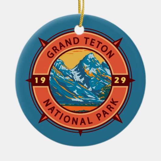 グランドテトンナショナルパークレトロコンパスエンブレム セラミックオーナメント (正面)