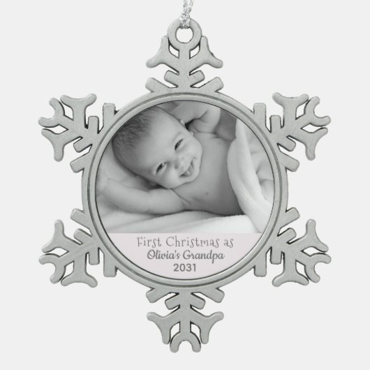 グランドパ1stクリスマスパーソナライズされた写真グランド8月 スノーフレークピューターオーナメント (正面)