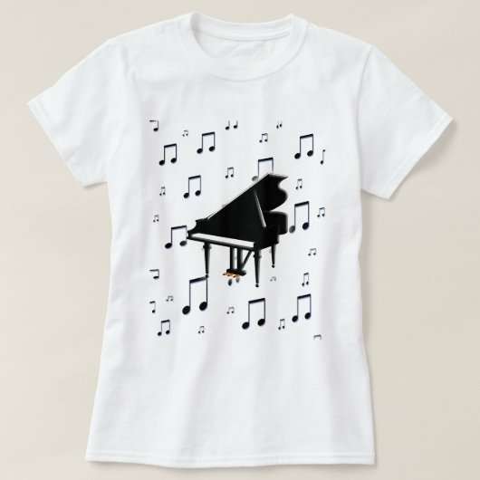 グランドピアノおよび音楽ノート Tシャツ (デザイン正面)