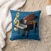 グランドピアノの金ゴールドのト音記号の青い楽譜 クッション (ブランケット)