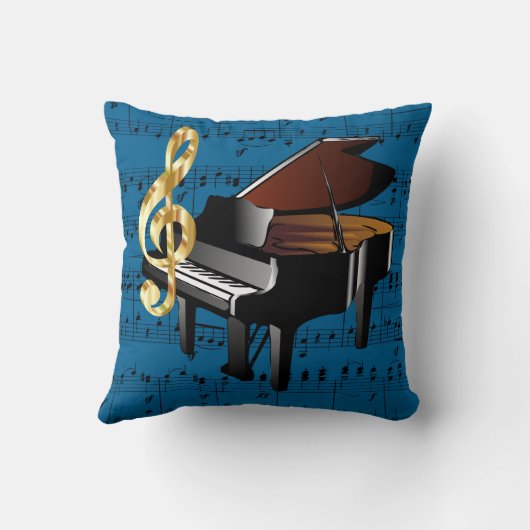 グランドピアノの金ゴールドのト音記号の青い楽譜 クッション (裏面)