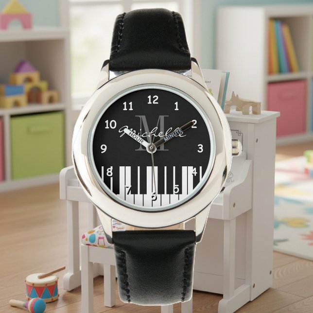 グランドピアノ鍵子供たちがモノグラムでカスタム見る 腕時計 (kid's watch with piano design)