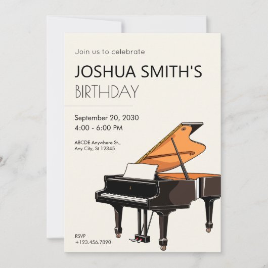 グランドピアノ音楽の誕生日招待状 招待状 (正面)