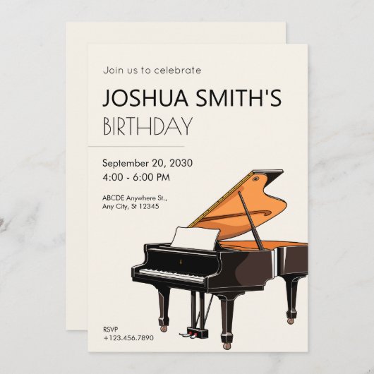 グランドピアノ音楽の誕生日招待状 招待状 (正面/裏面)