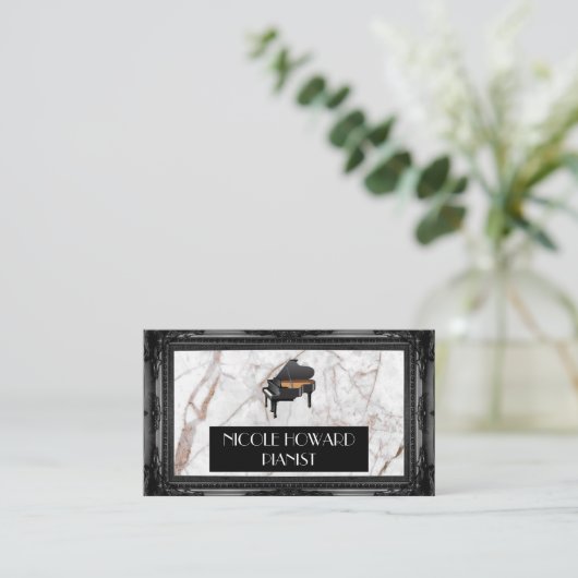 グランドピアノ | 大理石とクラシック黒の枠 名刺 (スタンド正面)