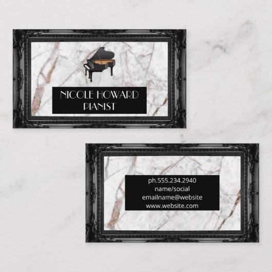 グランドピアノ | 大理石とクラシック黒の枠 名刺 (正面/裏面)