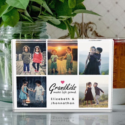 グランドピンクのハート写真コラージュを作る孫 フォトブロック