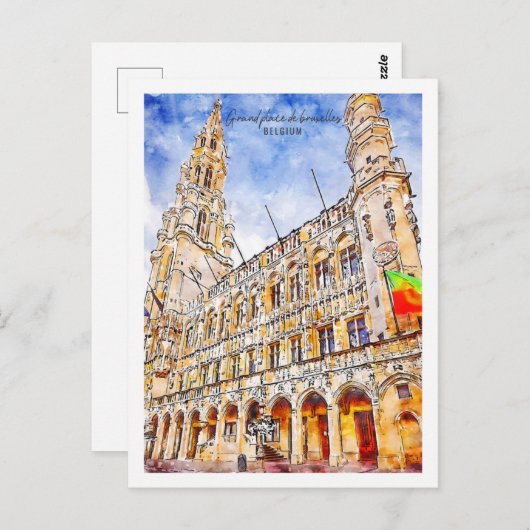 グランドプレイスデブリュッセルトラベルプレイスウォーターカラー ポストカード (正面/裏面)