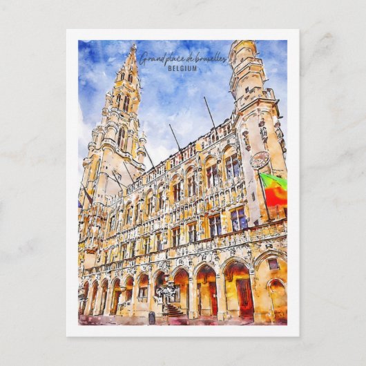 グランドプレイスデブリュッセルトラベルプレイスウォーターカラー ポストカード (正面)