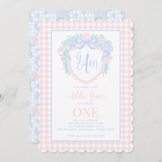 グランドミレニアルウォーターカラークレストファースト誕生日 招待状 (正面/裏面)