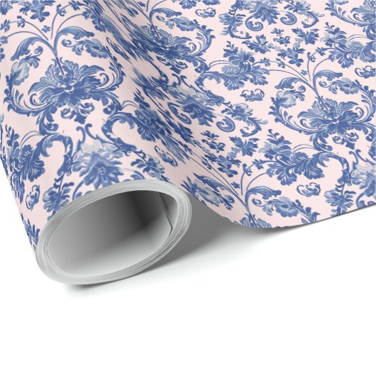 グランドミレニアルクリスマスピンクとブルーダマスク ラッピングペーパー (ロールコーナー)