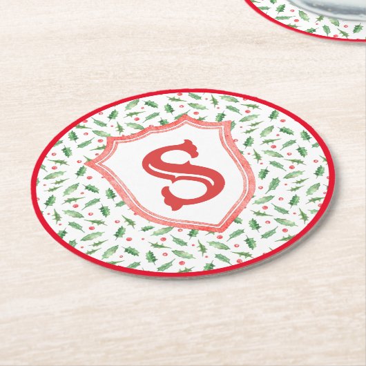 グランドミレニアル名門私立校風のホリーモノグラムクレスト ラウンドペーパーコースター (アングル)