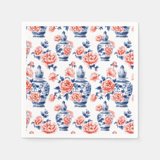 グランドミレニアル シノワズリー ジンジャージャー ピンクの芍薬 スタンダードカクテルナプキン (正面)