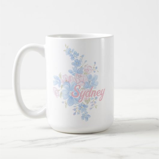 グランドミレニアル ピンクブルー 花柄 名前入り コーヒーマグカップ (左)