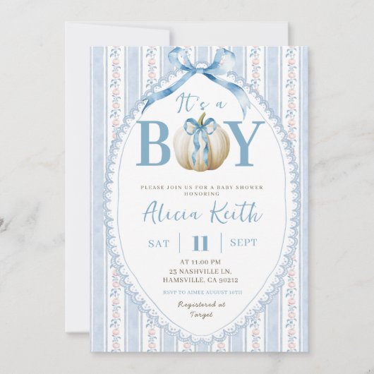 グランドミレ名門私立校風のニアルブルーカボチャ少年の赤ちゃんシャワー 招待状 (正面)