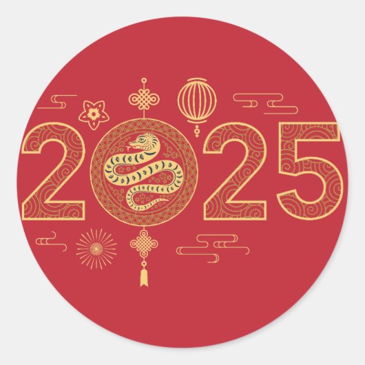 グランドレッドと金ゴールド2025年のヘビ ラウンドシール (正面)