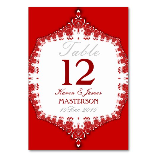 グランドレッド+ホワイトレース結婚のテーブル番号カード テーブルナンバー (正面)
