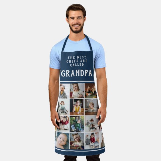 グランパはシェフ最高のブルーフォトコラージュ エプロン (着用した状態)