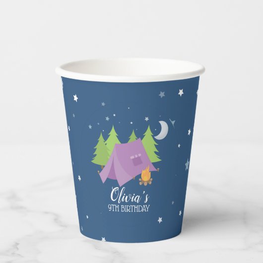 グランピングガールキャンピングバースデーパーティー紫のテント 紙コップ (正面)