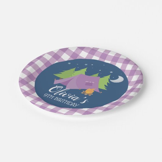グランピングガールパープルテントキャンピングバースデーパーティー ペーパープレート (アングル)